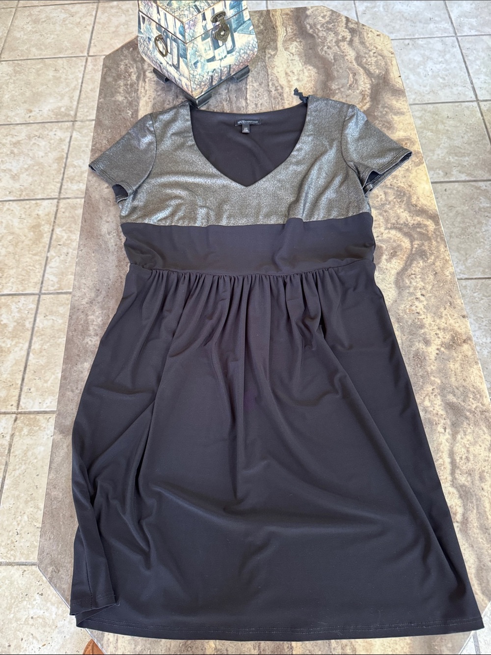 KATE by Kathryn Conover Metallic Charcoal and Black V‑Neck Empire Waist Dress